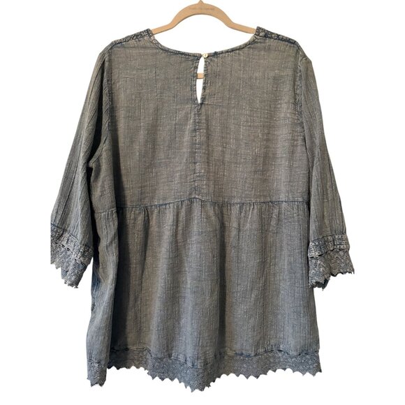 Rachel Zoe Womens 1X Boho Tunic Top Blue Embroidered Crochet Lace V-Neck - Picture 3 of 10